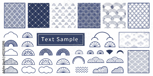 Collection of japanese inspired decorative patterns and graphic elements in blue and white