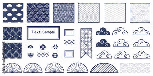 Collection of japanese inspired patterns and decorative elements in navy blue and white