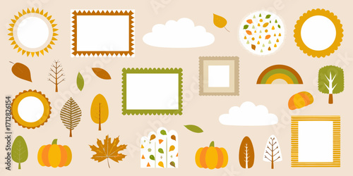 Collection of autumnal elements including pumpkins leaves frames and a rainbow on a cream background