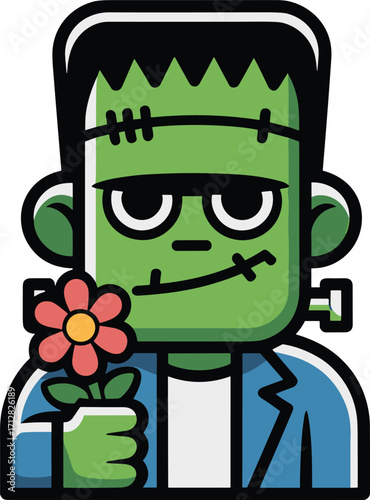 Cute Frankenstein cartoon character, holding flower illustration, Halloween monster artwork, spooky gothic design, adorable green creature clipart, festive holiday decoration