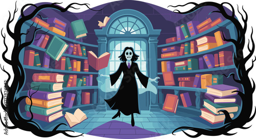Haunted library with ghostly figure, spooky bookshelves, flying books, dark gothic background, Halloween horror fantasy scene vector illustration