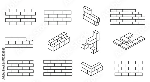 Isometric brick wall variations showing different building block arrangements