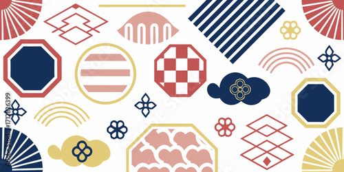 Traditional japanese geometric patterns and motifs in a repeating seamless design