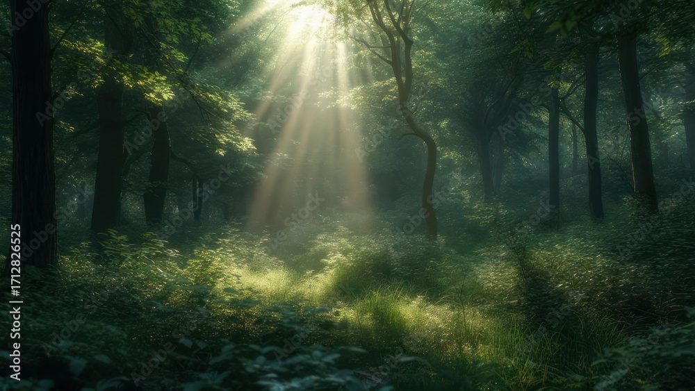 Naklejka premium Sunlight piercing a misty forest