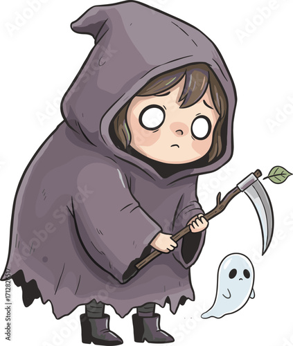 Cute grim reaper cartoon, Halloween character illustration, sad reaper child, spooky costume, scythe, ghost, dark robe, fantasy art