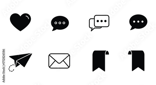 Simple black social media icons depicting like chat and bookmark symbols