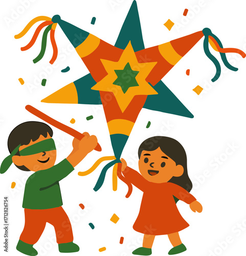 two children playing with a colorful star piñata, one blindfolded and holding a stick while the other guides, with confetti falling around them.