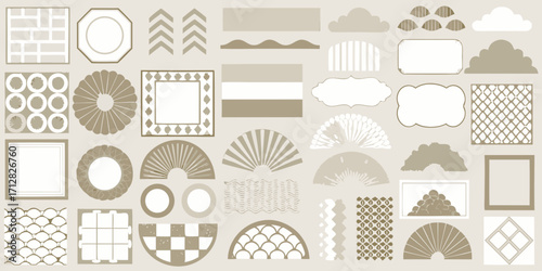 Collection of japanese inspired graphic elements and decorative frames in neutral tones