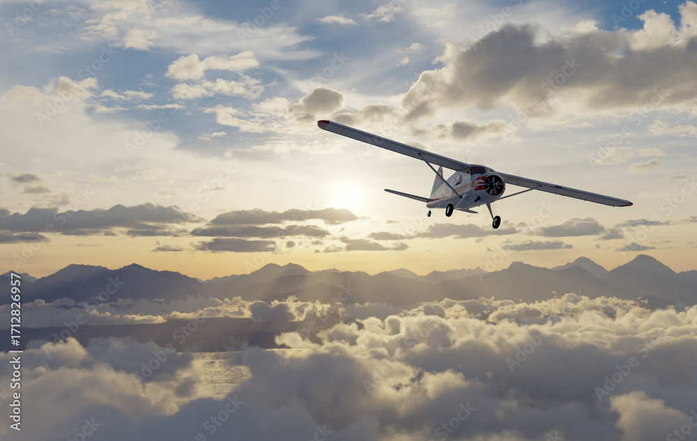 Fototapeta premium Small Aircraft Flying Over Cloudscape During Sunset in Stunning 3D Rendering