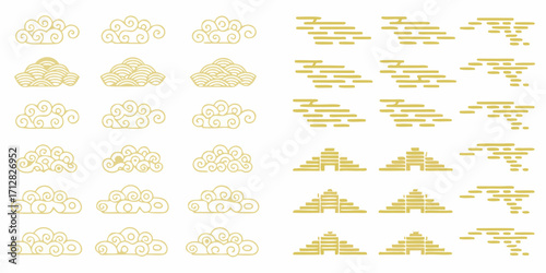Collection of traditional east asian decorative clouds and architectural elements in gold outline
