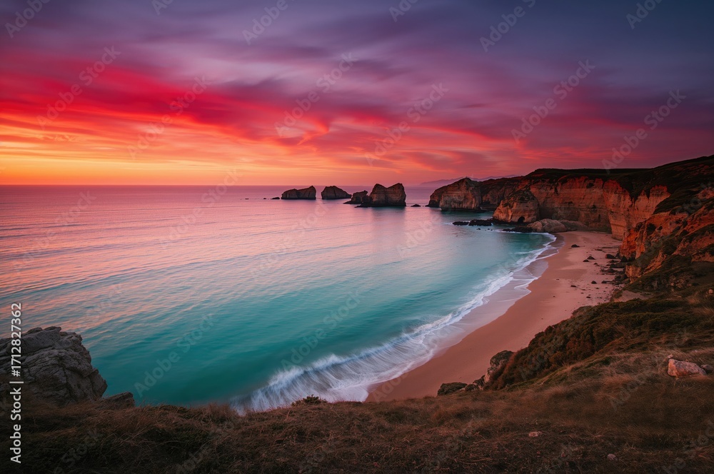 Obraz premium Crimson evening over a rocky shoreline with water and sea under a twilight sky