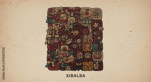 Intricate Xibalba design showcases a complex tapestry of ancient Mayan symbols and figures, exhibiting a rich array of browns, reds, and teal tones.