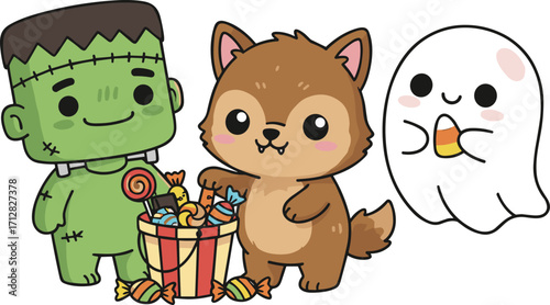 Cute Halloween characters Frankenstein werewolf ghost with candy bucket, trick or treat illustration, adorable cartoon spooky holiday celebration vector