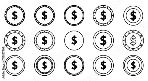 An arrangement of simple black and white dollar sign coin illustrations