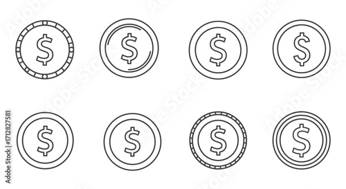 Simple black and white line art illustration of eight dollar coins