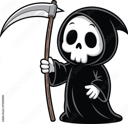 Cute grim reaper character with scythe, spooky skeleton in black cloak, Halloween death cartoon illustration, scary horror mascot design