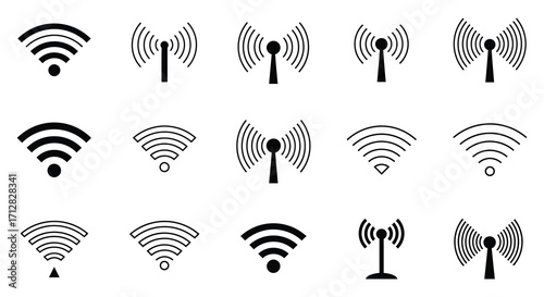 Collection of various black and white wifi signal strength icons displayed