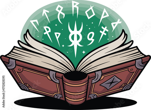 Magic spell book with glowing runes, ancient mystical symbols, enchanted pages, fantasy witchcraft illustration for Halloween and fantasy themes