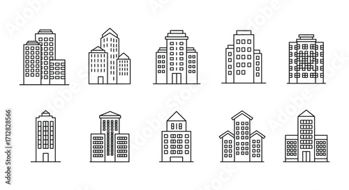 Simple line art illustration of various architectural building designs