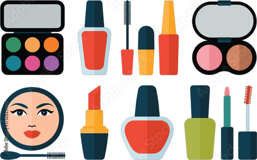 Collection of flat design makeup and cosmetic products on a white background cosmetics beauty