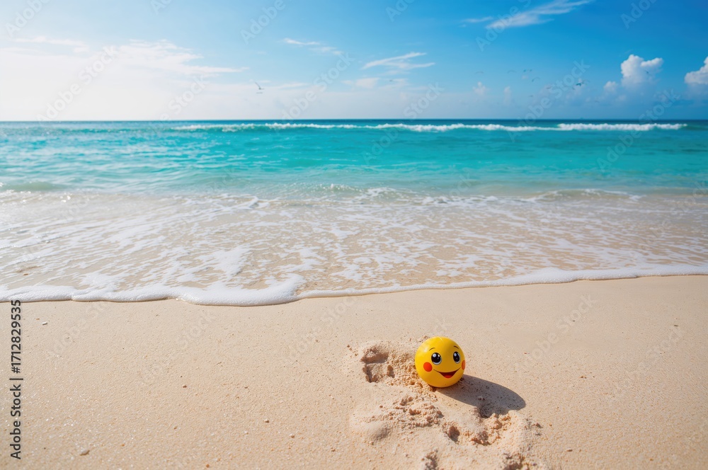 Naklejka premium Child's plastic toy on a sunny tropical shore with clear blue waters, summer vacation vibe