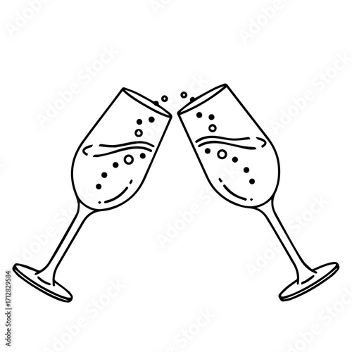 Handdrawn doodle of two toasting champagne flutes with sparkling bubbly liquid.