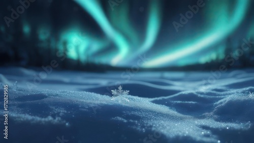 Tiny snowflake under aurora borealis