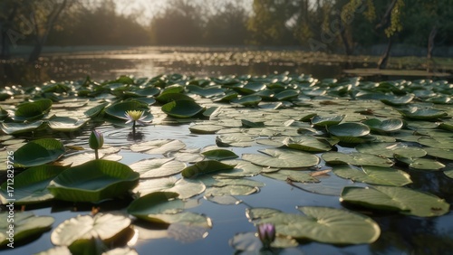 Tranquil lotus pond at dawn