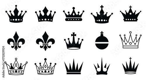 Collection of ornate crowns and royal fleur de lis symbols displayed