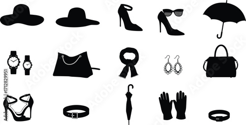 Fashion accessories icons collection, handbag, high heels, hat, sunglasses, umbrella, scarf, gloves, belt, jewelry, wristwatch, stylish silhouette illustration