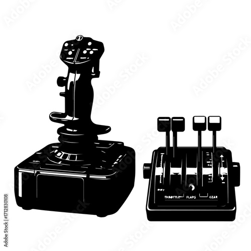 Highcontrast black and white illustration of a flight simulator joystick and throttle quadrant.