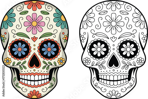 Mexican skulls two set. Simple line drawing of a sugar Eight skull, Mexican skulls set. Vector illustration. Dia de los muertos shugar colorful heads.