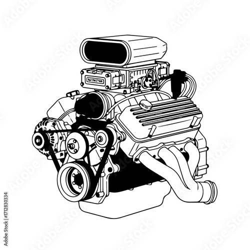 Detailed Black and White Illustration of a Powerful Automotive Engine 1.
