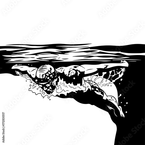 Black and White Illustration of a Swimmer in Butterfly Stroke Underwater.