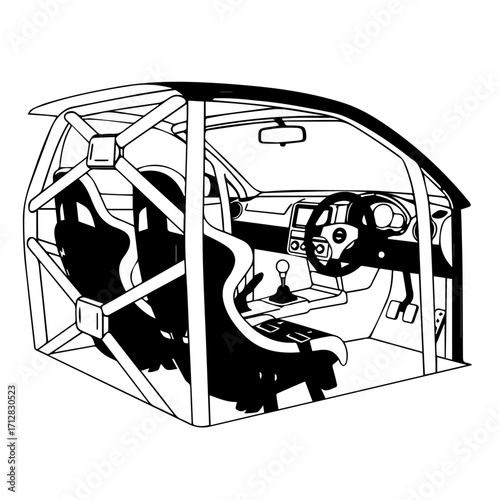 Detailed Black and White Illustration of a Rally Car Interior with Roll Cage 1.