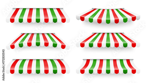 Shop sunshade. Realistic striped cafe awning. Outdoor market tent. Roof canopy in Italian flag colors. Summer street store. Vector illustration