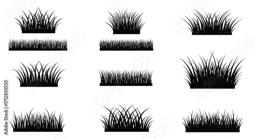 A collection of simple black and white grass tufts isolated on white