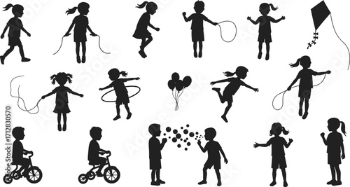 Silhouette of Kids Playing Outdoors, Skipping Rope, Riding Bikes, Blowing Bubbles, Flying Kite, Hula Hooping, Childhood Activity, Happy Children