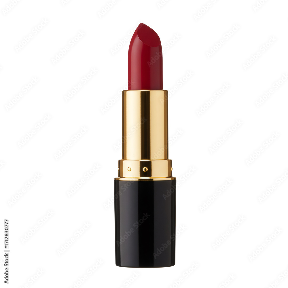 Obraz premium 透明な背景に配置された赤色のリップスティック ゴールドと黒色のケース入り 美容製品のクローズアップ