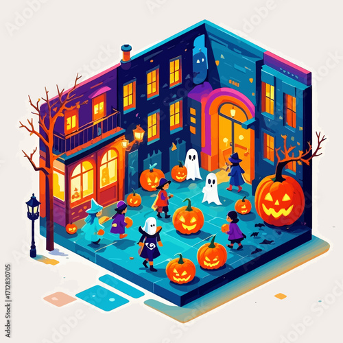 Isometric illustration of children in Halloween costumes trick-or-treating in a spooky courtyard with ghosts and glowing jack-o'-lanterns.