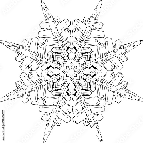 Intricate black and white line art illustration of a symmetrical sixpointed stellar dendrite snowflake.