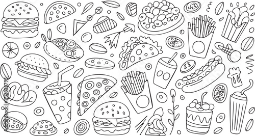 Hand drawn doodle illustration of various fast food items and sweets Keywords: fast food, doodle, drawing, illustration, burger, hamburger, fries