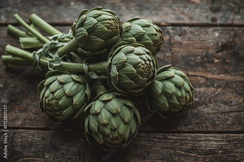Fototapeta premium A cluster of newly picked artichokes lies on a vintage wooden surface, highlighting the charm of natural harvests.