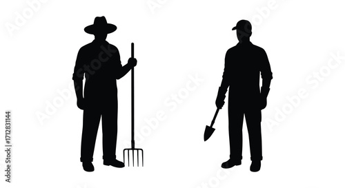 Silhouettes of two men one with a pitchfork and one with a shovel