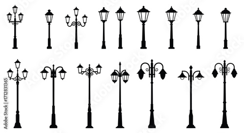 Collection of vintage street lamps in black and white illustration style