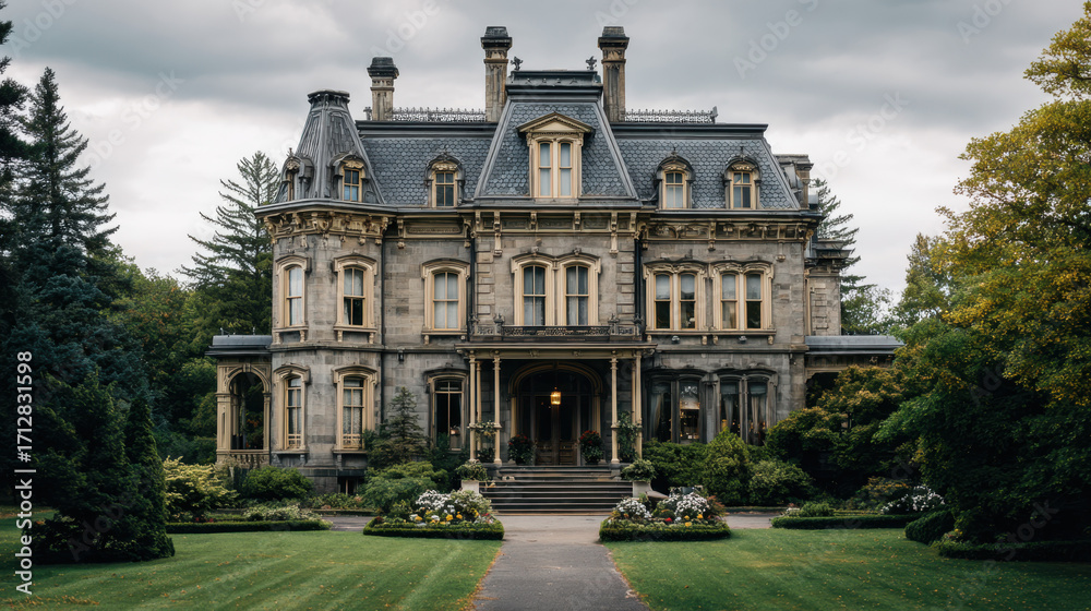 Fototapeta premium Grand historic mansion with intricate architecture surrounded by lush greenery under a dramatic cloudy sky, showcasing elaborate details and landscaped garden pathways.