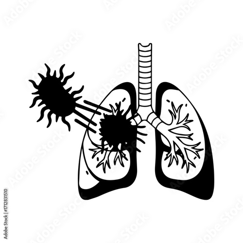 Black and White Illustration of Human Lungs Infected by a Virus Medical Concept.