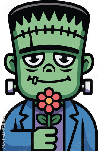 Frankenstein cartoon character, cute halloween monster, spooky green creature, holding flower artwork, funny horror illustration, gothic halloween design, creepy festive clipart, holiday artwork