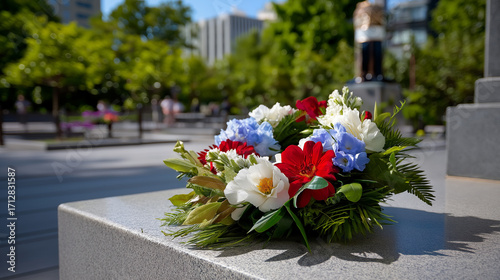 Memorial wreath with red, white, and blue flowers placed at war monument.