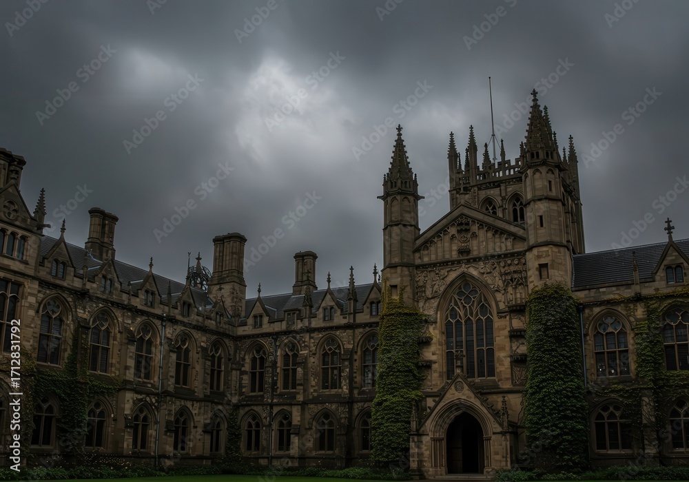 Fototapeta premium A grand, gothic-style building stands imposingly against a dramatic, overcast sky, showcasing intricate architectural details.